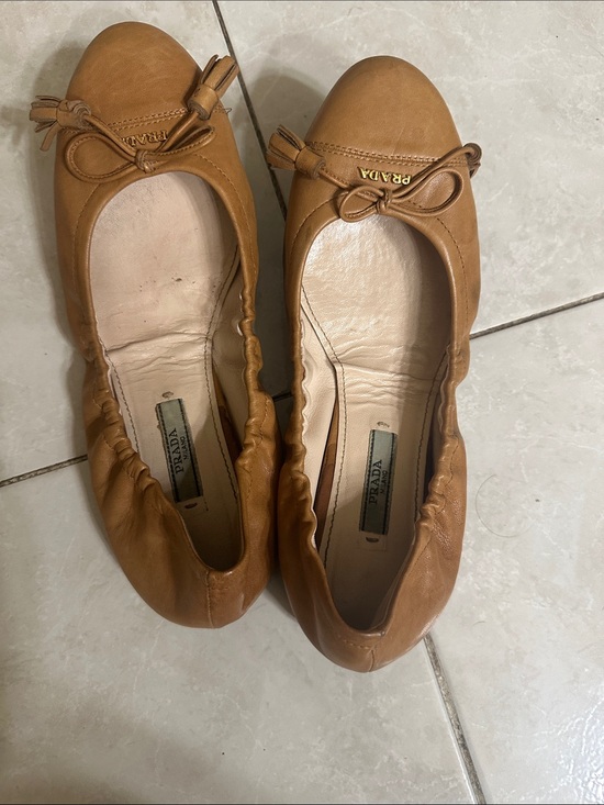 Prada Shoes - Prada Cognac Leather Ballet Flats with Bow